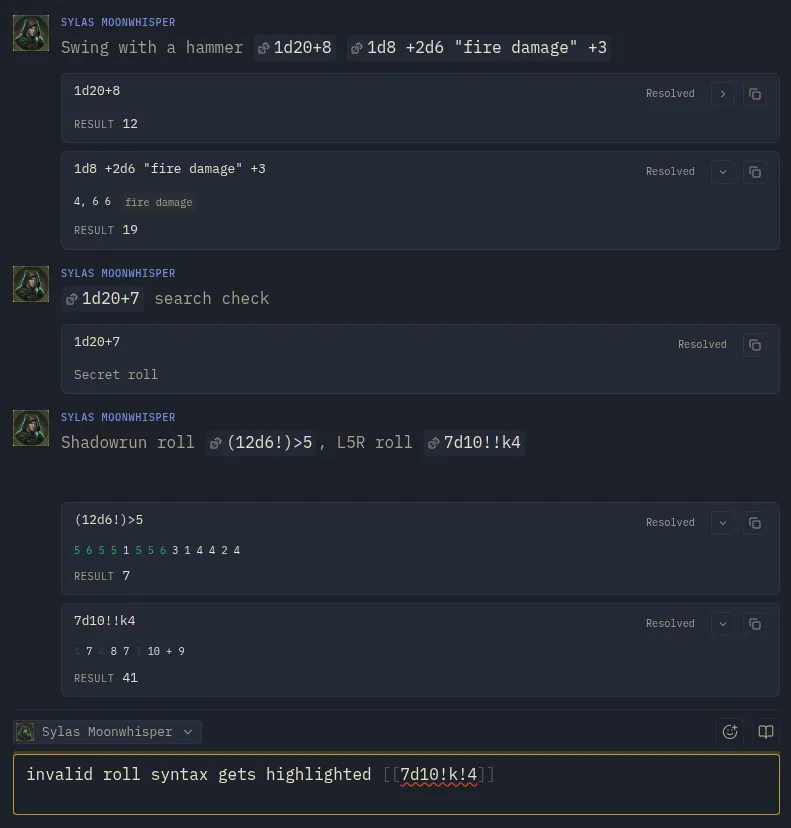 Runewire dice roll syntax and roll history