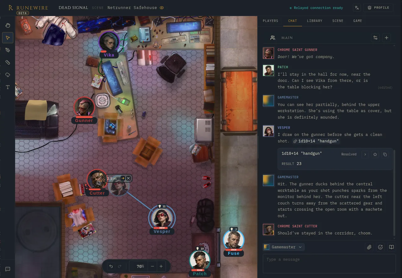 Runewire game room with a battle map, chat, dice, and side panels