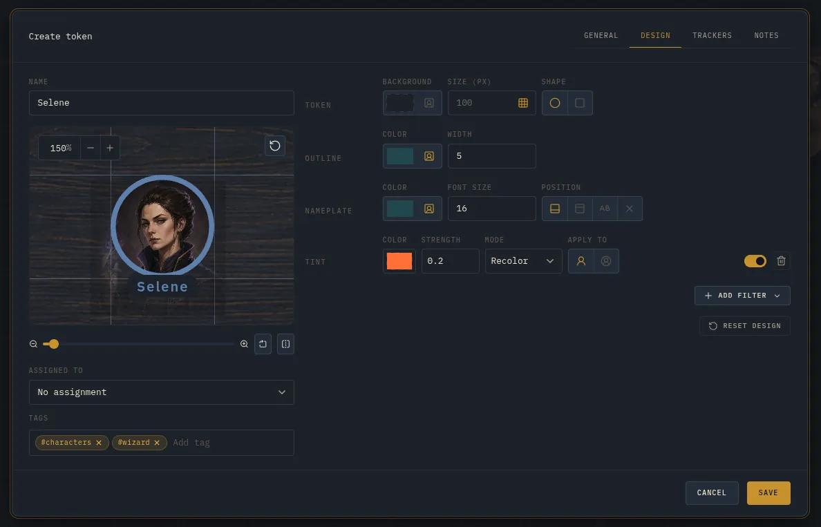 Runewire token presentation settings
